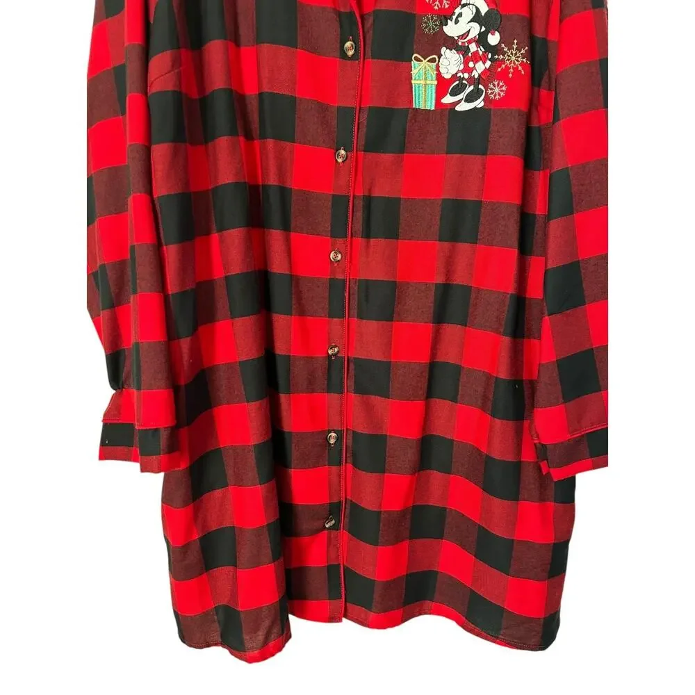 Disney Minnie Mouse Holiday Nightshirt 2X Red Black Buffalo Check Plaid Flannel - Picture 3 of 13